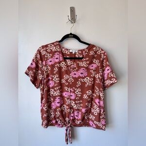 Madewell Pink and Red Tie Front Short Sleeve Blouse​
